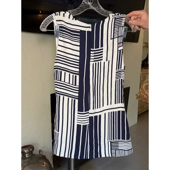 NWT C/MEO COLLECTIVE Night Air Top Navy Grid Geometric Stripe Wrap Blouse Small - Picture 4 of 8